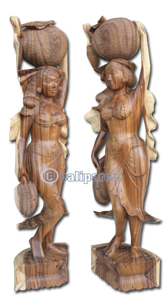 Wooden Balinese Statue, Hand Carved From Suar Wood Natutral Polish