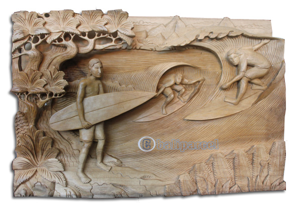 Wooden Surfing Wallhanging, Hand Carved From Suar Wood With Natural Polish