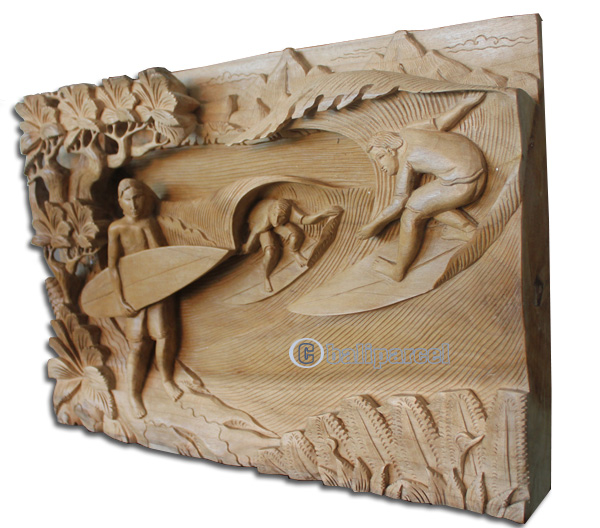 Wooden Surfing Wallhanging, Hand Carved From Suar Wood With Natural Polish