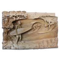 Wooden Surfing Wallhanging, Hand Carved From Suar Wood With Natural Polish