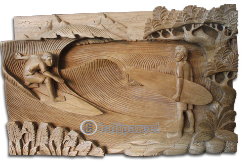 Wooden Surfing Wallhanging, Hand Carved From Suar Wood With Natural Polish