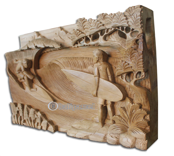 Wooden Surfing Wallhanging, Hand Carved From Suar Wood With Natural Polish