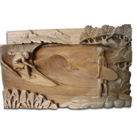 Wooden Surfing Wallhanging, Hand Carved From Suar Wood With Natural Polish