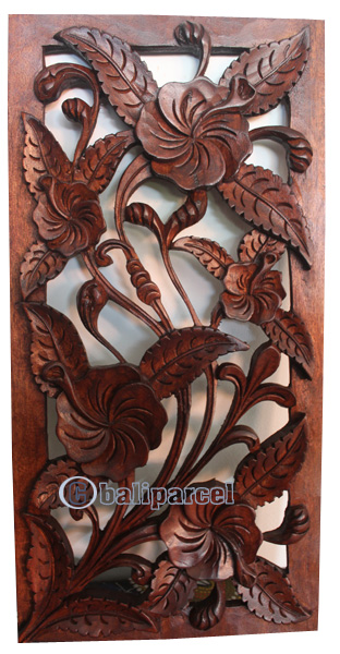 Wooden Wallhanging, Hibiscus, Made From Suar Wood With Brown Polish