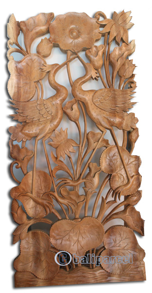 Wooden Wallhanging, Lotus With 2 Bird Carved, Made From Suar Wood With Natural Polish