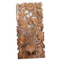 Wooden Wallhanging, Lotus With 2 Bird Carved, Made From Suar Wood With Natural Polish