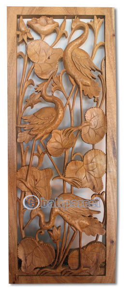 Wooden Wallhanging, Lotus With 3 Bird Carved, Made From Suar Wood With Natural Polish