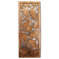 Wooden Wallhanging, Lotus With 3 Bird Carved, Made From Suar Wood With Natural Polish