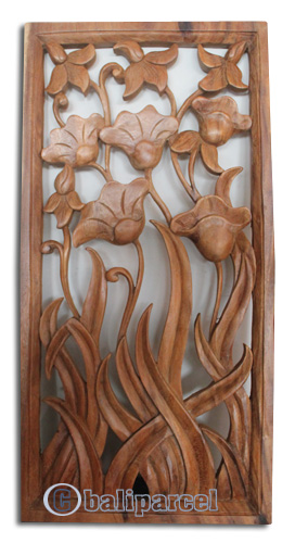 Wooden Wallhanging, Lotus Carved, Made From Suar Wood With Natural Polish