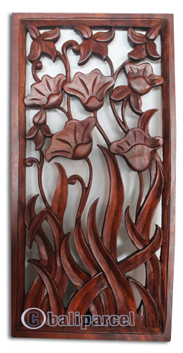 Wooden Wallhanging, Lotus Carved, Made From Suar Wood With Brown Polish