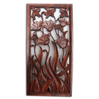 Wooden Wallhanging, Lotus Carved, Made From Suar Wood With Brown Polish