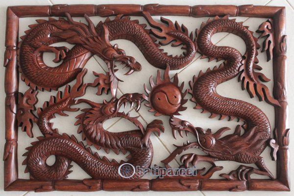 Wooden Dragon Wallhanging, Hand Carved From Suar Wood With Brown Polish