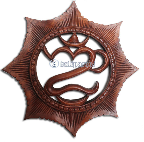 Wooden Wallhanging, OM, Made From Suar Wood With Brown Polish
