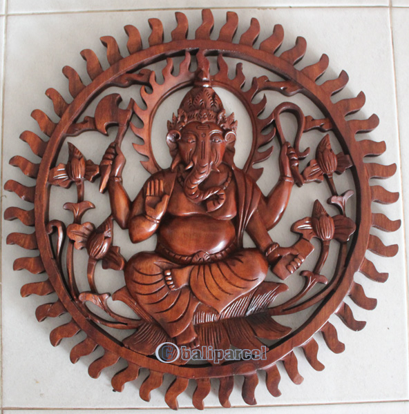 Wooden Ganesha Wallhanging, Hand Carved From Suar Wood With Brown Polish