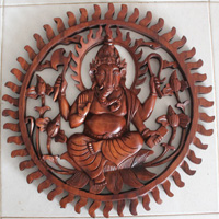 Wooden Ganesha Wallhanging, Hand Carved From Suar Wood With Brown Polish
