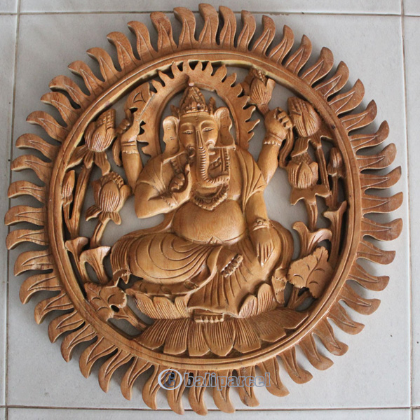 Wooden Ganesha Wallhanging, Hand Carved From Suar Wood With Natural Polish