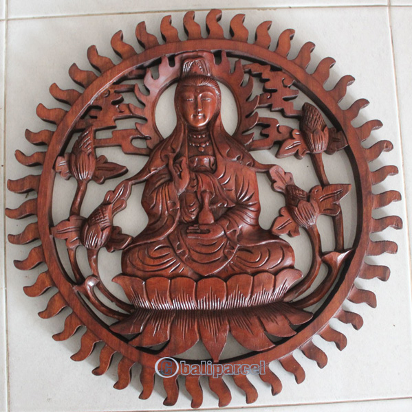 Wooden Quanin Wallhanging, Hand Carved From Suar Wood With Brown Polish
