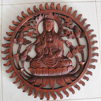 Wooden Quanin Wallhanging, Hand Carved From Suar Wood With Brown Polish