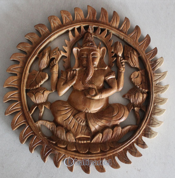 Wooden Ganesha Wallhanging, Hand Carved From Suar Wood With Natural Polish
