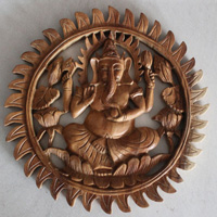 Wooden Ganesha Wallhanging, Hand Carved From Suar Wood With Natural Polish
