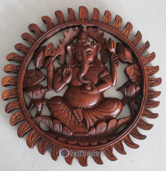 Wooden Ganesha Wallhanging, Hand Carved From Suar Wood With Brown Polish