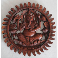 Wooden Ganesha Wallhanging, Hand Carved From Suar Wood With Brown Polish
