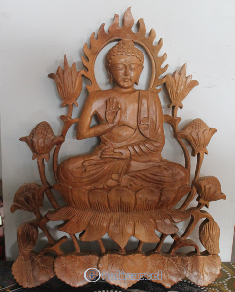 Wooden Buddha Wallhanging, Hand Carved From Suar Wood With Natural Polish