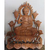 Wooden Buddha Wallhanging, Hand Carved From Suar Wood With Natural Polish