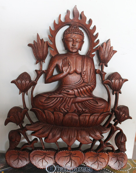 Wooden Buddha Wallhanging, Hand Carved From Suar Wood With Brown Polish