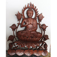 Wooden Buddha Wallhanging, Hand Carved From Suar Wood With Brown Polish