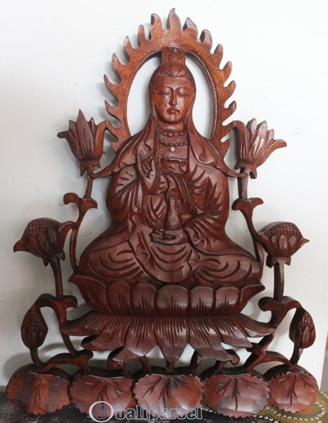Wooden Quanin Wallhanging, Hand Carved From Suar Wood With Brown Polish