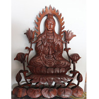 Wooden Quanin Wallhanging, Hand Carved From Suar Wood With Brown Polish