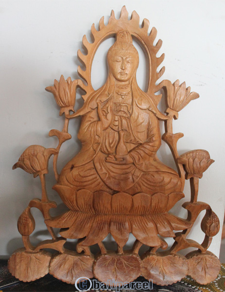Wooden Quanin Wallhanging, Hand Carved From Suar Wood With Natural Polish