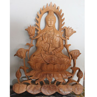 Wooden Quanin Wallhanging, Hand Carved From Suar Wood With Natural Polish