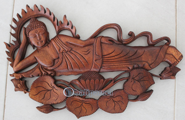 Wooden Sleeping Buddha Wallhanging, Hand Carved From Suar Wood With Brown Polish