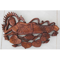 Wooden Sleeping Buddha Wallhanging, Hand Carved From Suar Wood With Brown Polish