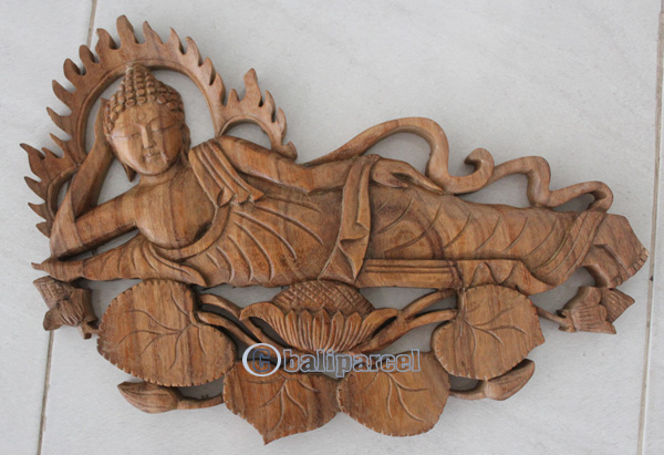 Wooden Sleeping Buddha Wallhanging, Hand Carved From Suar Wood With Natural Polish