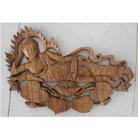 Wooden Sleeping Buddha Wallhanging, Hand Carved From Suar Wood With Natural Polish
