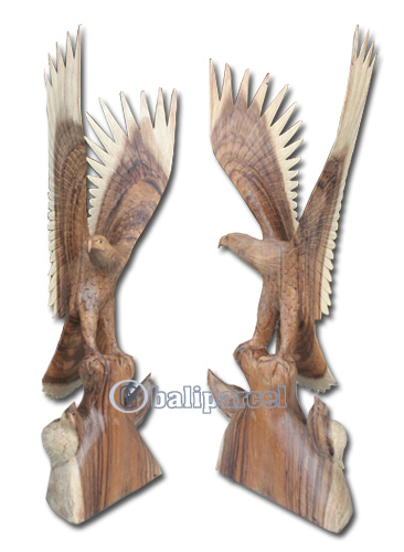 Wooden Eagle With 2 Babies, Hand Carved From Suar Wood Natural Polish