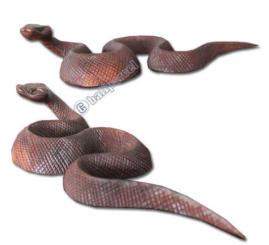 Wooden Snake, Hand Carved From Suar Wood With Brown Polished
