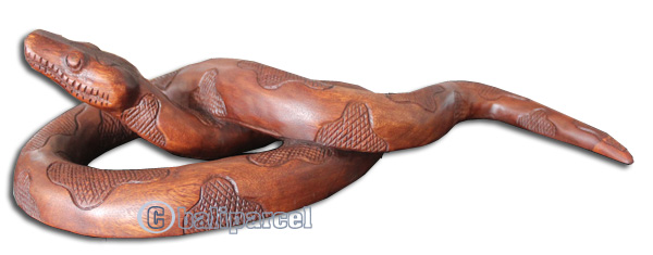 Wooden Snake, Hand Carved From Suar Wood With Brown Polished
