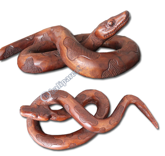 Wooden Snake, Hand Carved From Suar Wood With Brown Polished