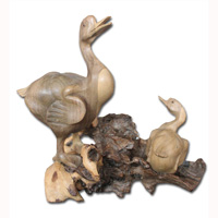 Wooden Duck With 2 Babies, Hand Carved From Suar Wood With Natural Polished