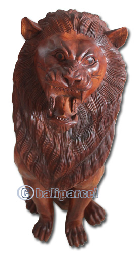 Wooden Lion, Hand Carved From Suar Wood With Brown Polished
