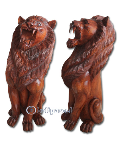 Wooden Lion, Hand Carved From Suar Wood With Brown Polished
