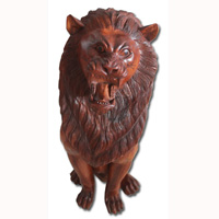 Wooden Lion, Hand Carved From Suar Wood With Brown Polished