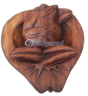 Wooden Frog, Hand Carved From Suar Wood With Brown Polished