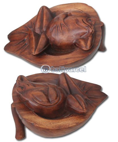 Wooden Frog, Hand Carved From Suar Wood With Brown Polished
