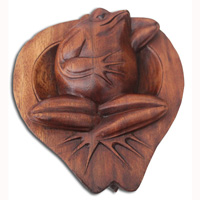 Wooden Frog, Hand Carved From Suar Wood With Brown Polished