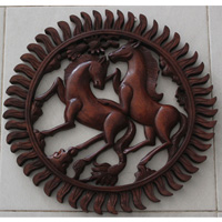 Wooden Horse Wallhanging, Hand Carved From Suar Wood With Brown Polished